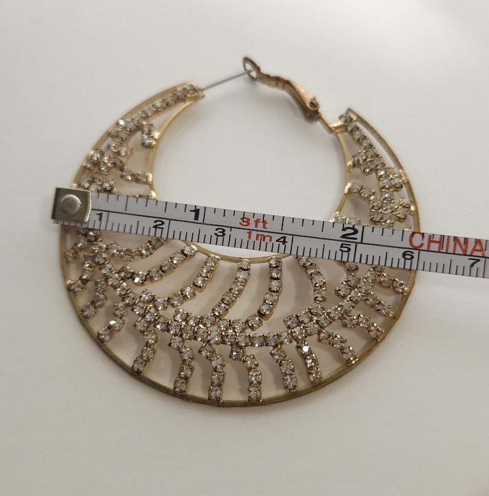 Gold Tone Crystal Hoop Earrings Large Crystal Statement Hoop Earrings - Picture 13 of 14